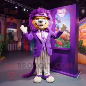 Purple tamer lion mascot costume character dressed with Coat and Pocket squares