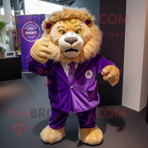 Purple tamer lion mascot costume character dressed with Coat and Pocket squares