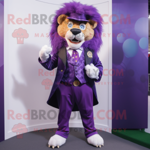 Purple tamer lion mascot costume character dressed with Coat and Pocket squares