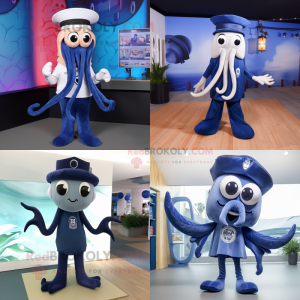 Navy Squid mascot costume character dressed with V-Neck Tee and Hairpins