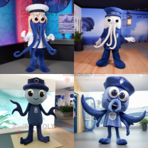 Navy Squid mascot costume character dressed with V-Neck Tee and Hairpins