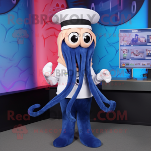 Navy Squid mascot costume character dressed with V-Neck Tee and Hairpins