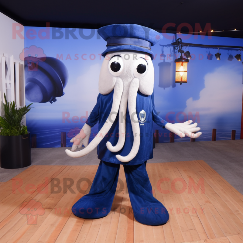 Navy Squid mascot costume character dressed with V-Neck Tee and Hairpins