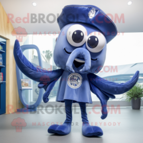 Navy Squid mascot costume character dressed with V-Neck Tee and Hairpins