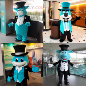 Turquoise Steak mascot costume character dressed with Tuxedo and Headbands