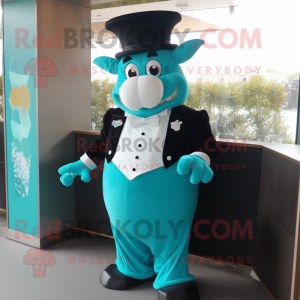 Turquoise Steak mascot costume character dressed with Tuxedo and Headbands