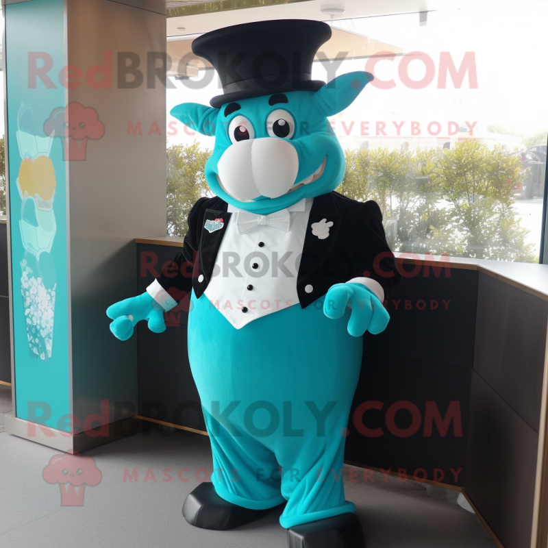 Turquoise Steak mascot costume character dressed with Tuxedo and Headbands