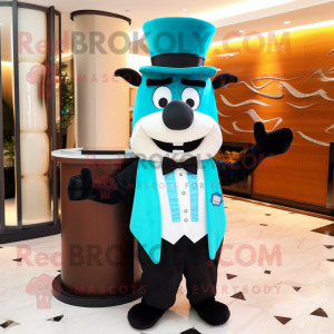 Turquoise Steak mascot costume character dressed with Tuxedo and Headbands