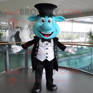 Turquoise Steak mascot costume character dressed with Tuxedo and Headbands