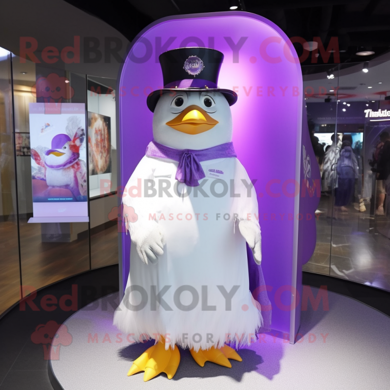 Purple Penguin mascot costume character dressed with Wedding Dress and Watches Purple Penguin mascot costume character dressed with Wedding Dress and Watches