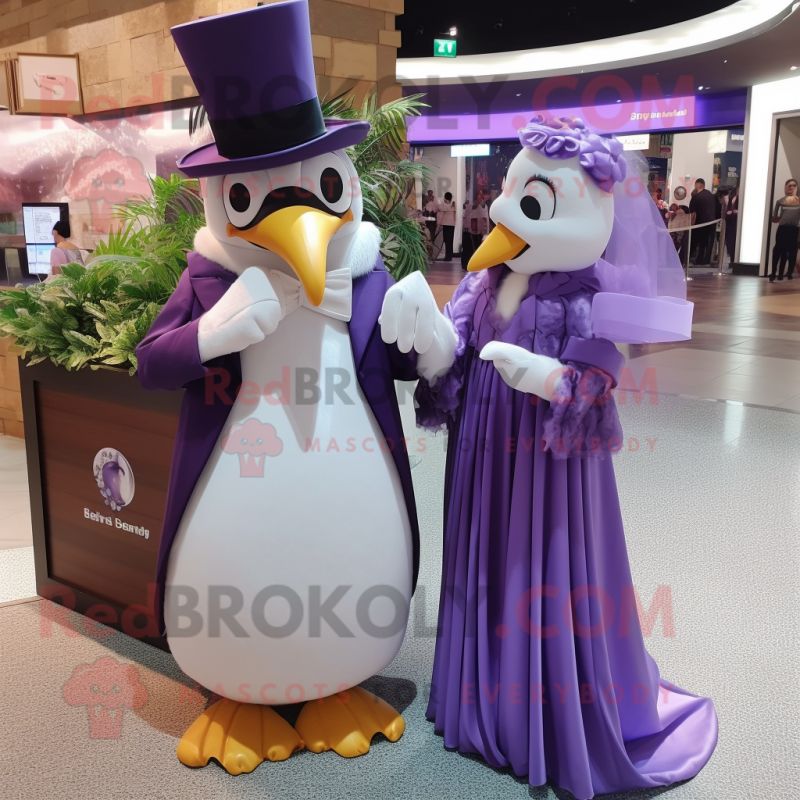 Purple Penguin mascot costume character dressed with Wedding Dress and Watches Purple Penguin mascot costume character dressed with Wedding Dress and Watches