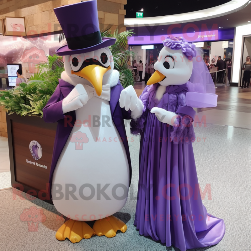 Purple Penguin mascot costume character dressed with Wedding Dress and Watches