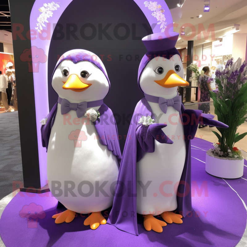 Purple Penguin mascot costume character dressed with Wedding Dress and Watches