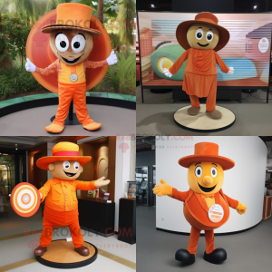 Orange plate spinner mascot costume character dressed with Corduroy Pants and Hats