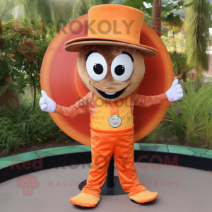 Orange plate spinner mascot costume character dressed with Corduroy Pants and Hats