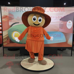 Orange plate spinner mascot costume character dressed with Corduroy Pants and Hats