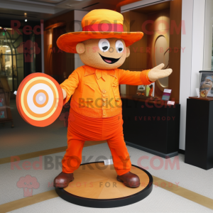 Orange plate spinner mascot costume character dressed with Corduroy Pants and Hats