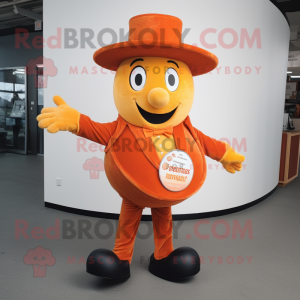 Orange plate spinner mascot costume character dressed with Corduroy Pants and Hats