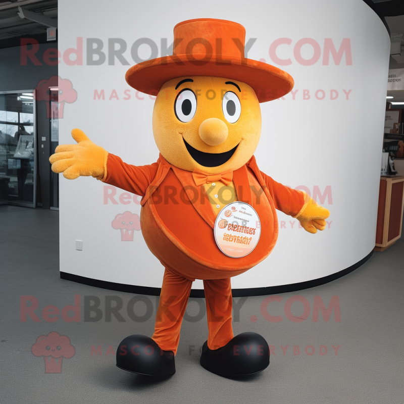 Orange plate spinner mascot costume character dressed with Corduroy Pants and Hats Orange plate spinner mascot costume character dressed with Corduroy Pants and Hats