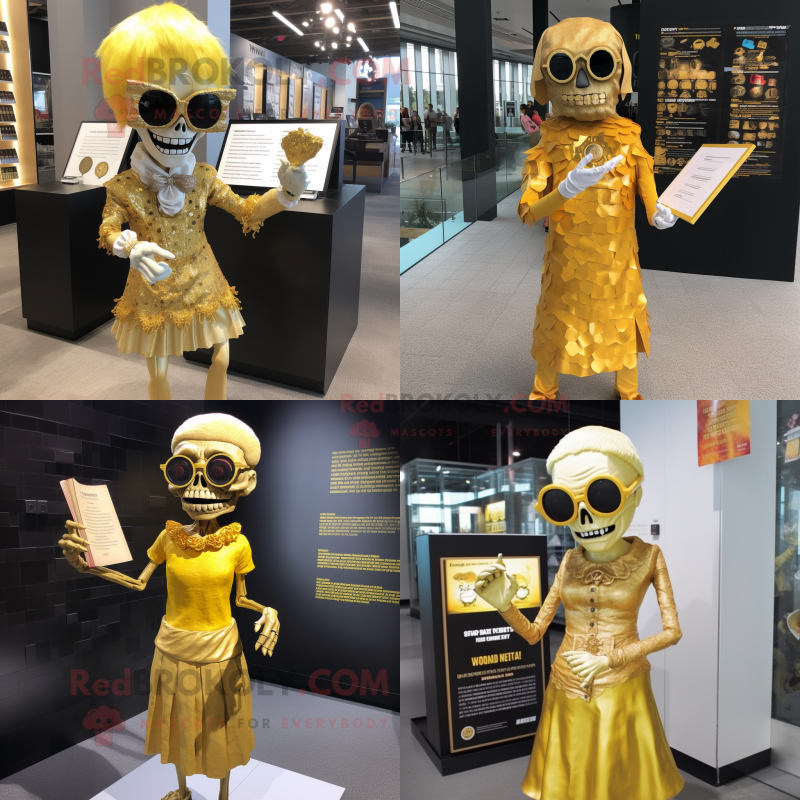 Gold Undead mascot costume character dressed with Shift Dress and Reading glasses Gold Undead mascot costume character dressed with Shift Dress and Reading glasses