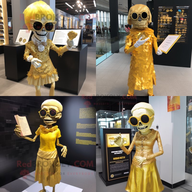 Gold Undead mascot costume character dressed with Shift Dress and Reading glasses