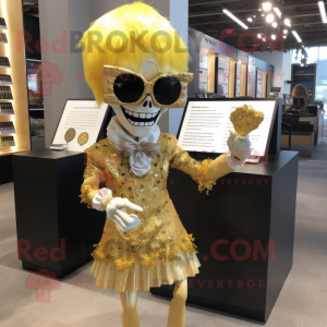 Gold Undead mascot costume character dressed with Shift Dress and Reading glasses