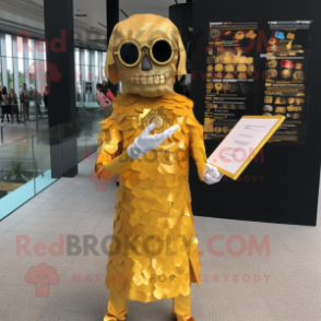 Gold Undead mascot costume character dressed with Shift Dress and Reading glasses