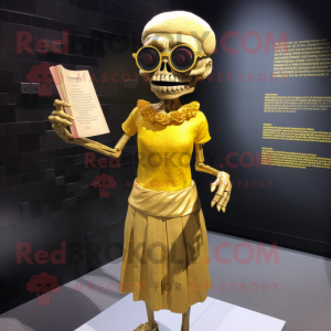 Gold Undead mascot costume character dressed with Shift Dress and Reading glasses