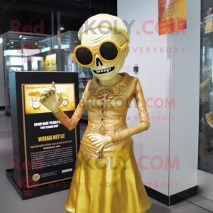 Gold Undead mascot costume character dressed with Shift Dress and Reading glasses