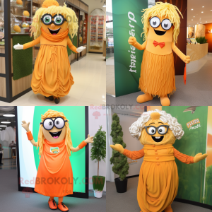 Orange Pesto Pasta mascot costume character dressed with A-Line Dress and Eyeglasses