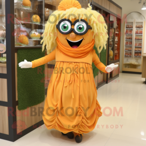 Orange Pesto Pasta mascot costume character dressed with A-Line Dress and Eyeglasses