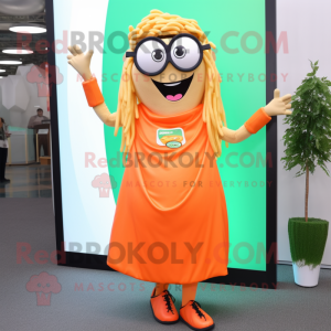 Orange Pesto Pasta mascot costume character dressed with A-Line Dress and Eyeglasses