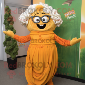 Orange Pesto Pasta mascot costume character dressed with A-Line Dress and Eyeglasses