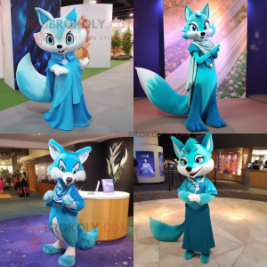 Cyan Fox mascot costume character dressed with Evening Gown and Scarves