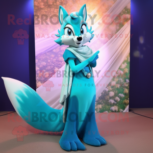 Cyan Fox mascot costume character dressed with Evening Gown and Scarves