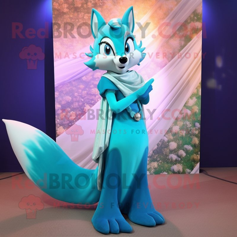 Cyan Fox mascot costume character dressed with Evening Gown and Scarves