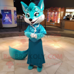 Cyan Fox mascot costume character dressed with Evening Gown and Scarves