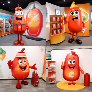 Peach Bottle of ketchup mascot costume character dressed with Graphic Tee and Briefcases