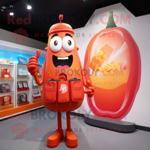 Peach Bottle of ketchup mascot costume character dressed with Graphic Tee and Briefcases