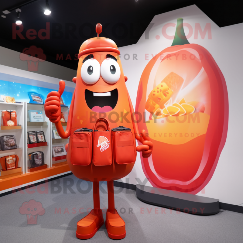 Peach Bottle of ketchup mascot costume character dressed with Graphic Tee and Briefcases