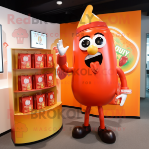 Peach Bottle of ketchup mascot costume character dressed with Graphic Tee and Briefcases