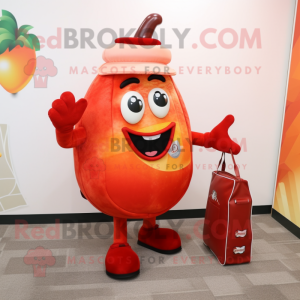 Peach Bottle of ketchup mascot costume character dressed with Graphic Tee and Briefcases