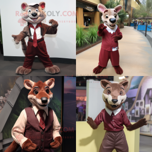 Maroon Thylacosmilus mascot costume character dressed with Sheath Dress and Suspenders