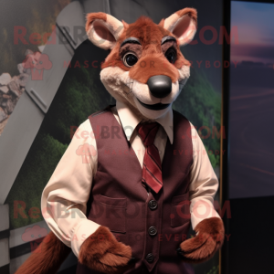 Maroon Thylacosmilus mascot costume character dressed with Sheath Dress and Suspenders