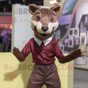 Maroon Thylacosmilus mascot costume character dressed with Sheath Dress and Suspenders