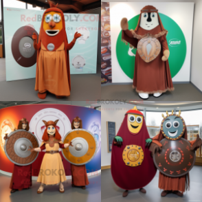 Rust Celtic shield mascot costume character dressed with Maxi Dress and Clutch bags