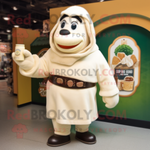 Cream Guinness mascot costume character dressed with Sweatshirt and Shawl pins