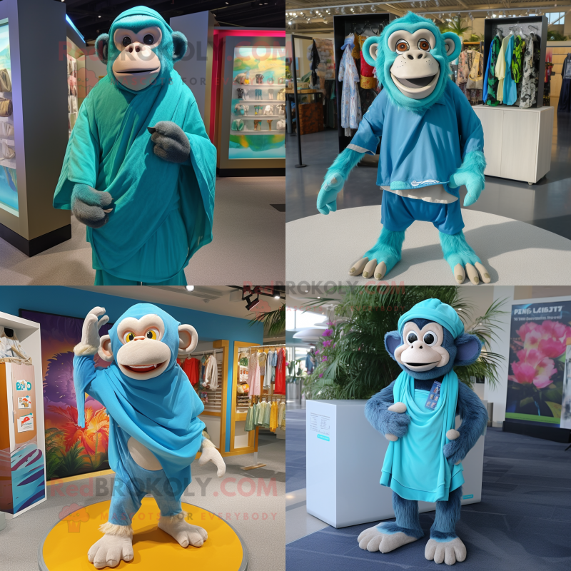 Cyan Chimpanzee mascot costume character dressed with Bermuda Shorts and Shawls