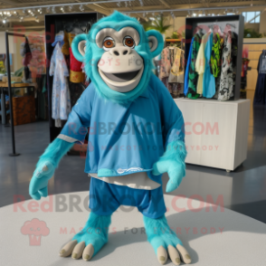 Cyan Chimpanzee mascot costume character dressed with Bermuda Shorts and Shawls