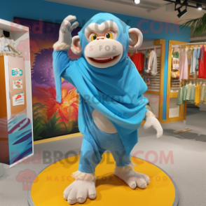 Cyan Chimpanzee mascot costume character dressed with Bermuda Shorts and Shawls